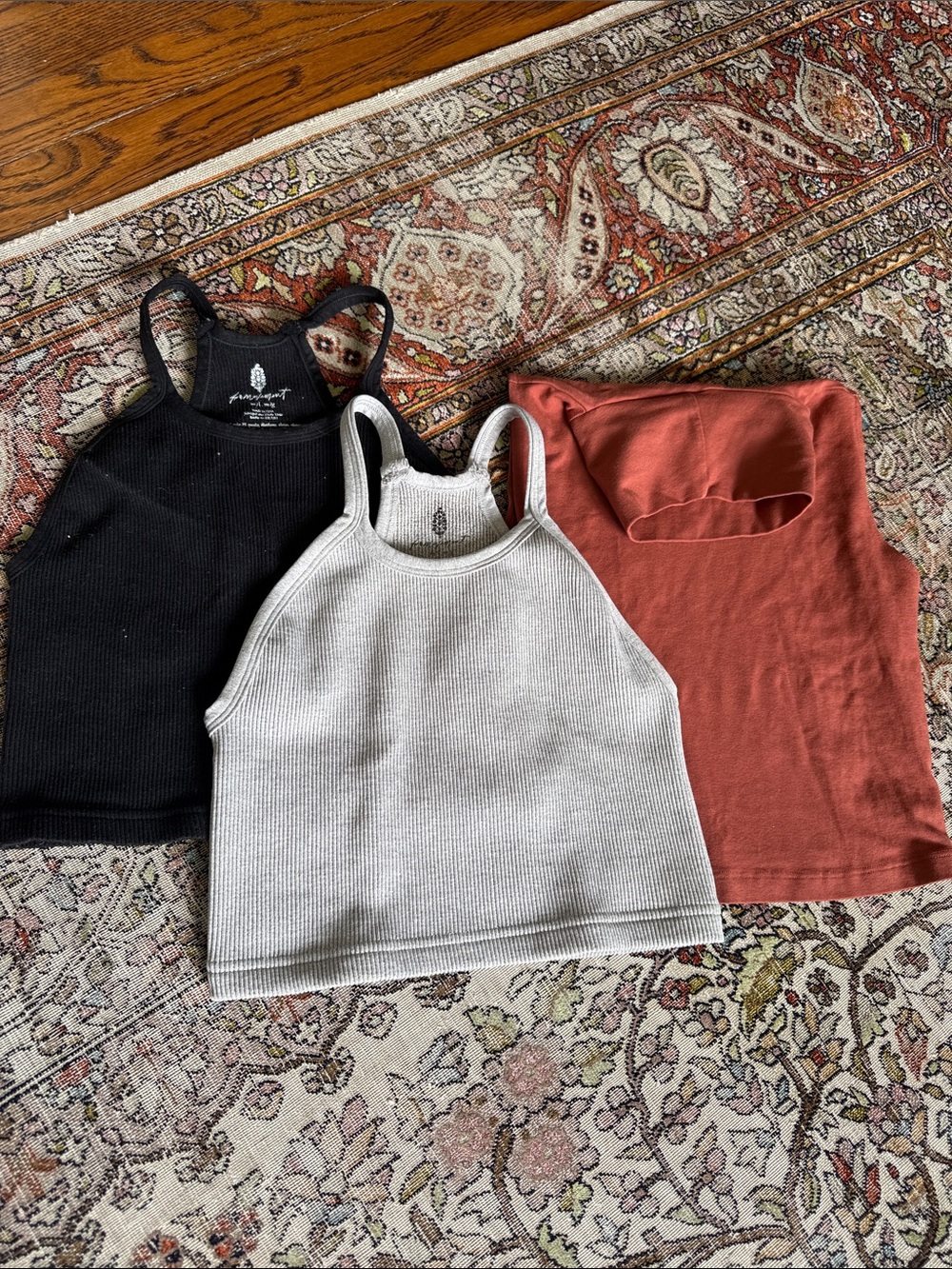 Lot of 3 Free people made well  Ribbed Crop Tank Trio in Black, Cream, Rust